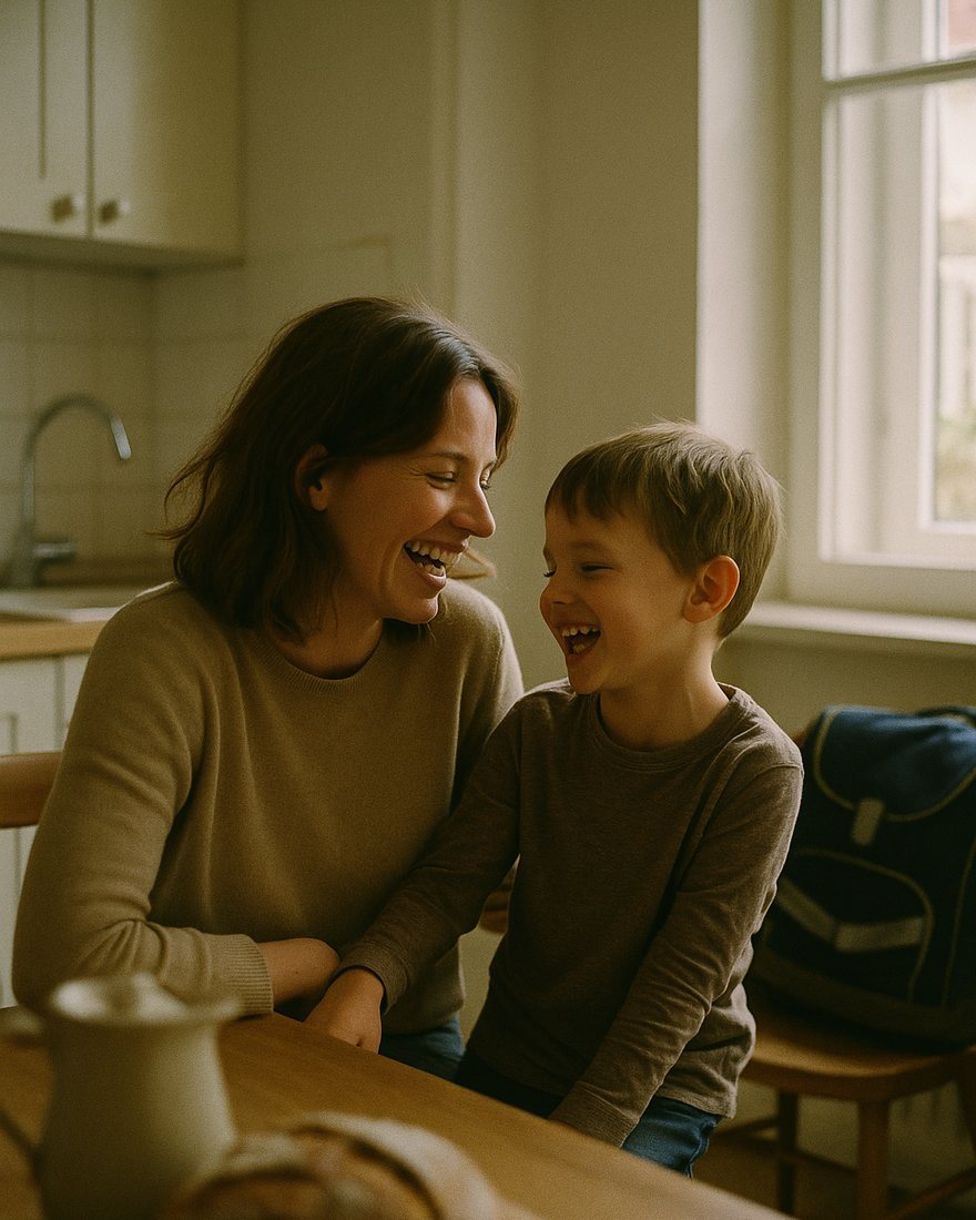 Eine Mutter und ihr kleiner Sohn lachen zusammen in einer hellen deutschen Küche, der Schulranzen liegt auf einem Stuhl, Brot und eine Kanne auf dem Tisch