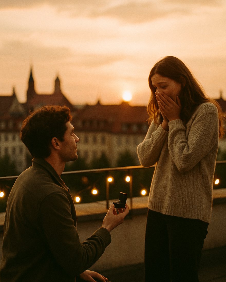 Ein junger Mann macht auf einer Dachterrasse über einer deutschen Stadt bei Sonnenuntergang einen Heiratsantrag auf einem Knie, sie hält sich beide Hände vor den Mund, Lichterketten hinter ihnen
