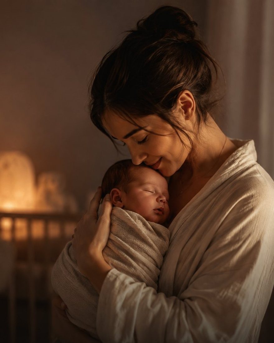 Mãe com o bebê recém-nascido no colo