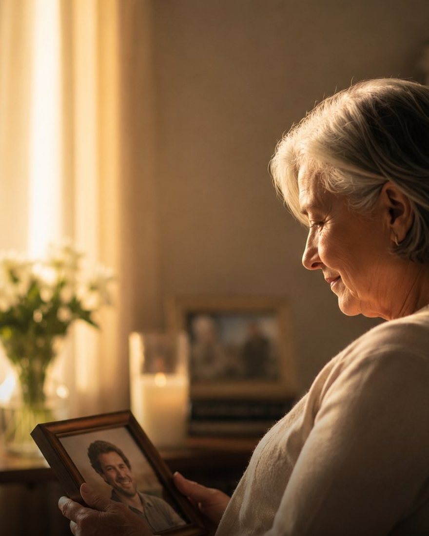 Uma senhora olhando um porta-retrato antigo de família