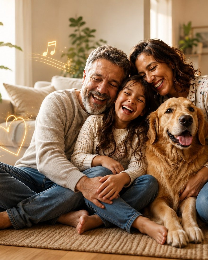 Pai, mãe, filha e o cachorro sentados no tapete da sala, rindo abraçados