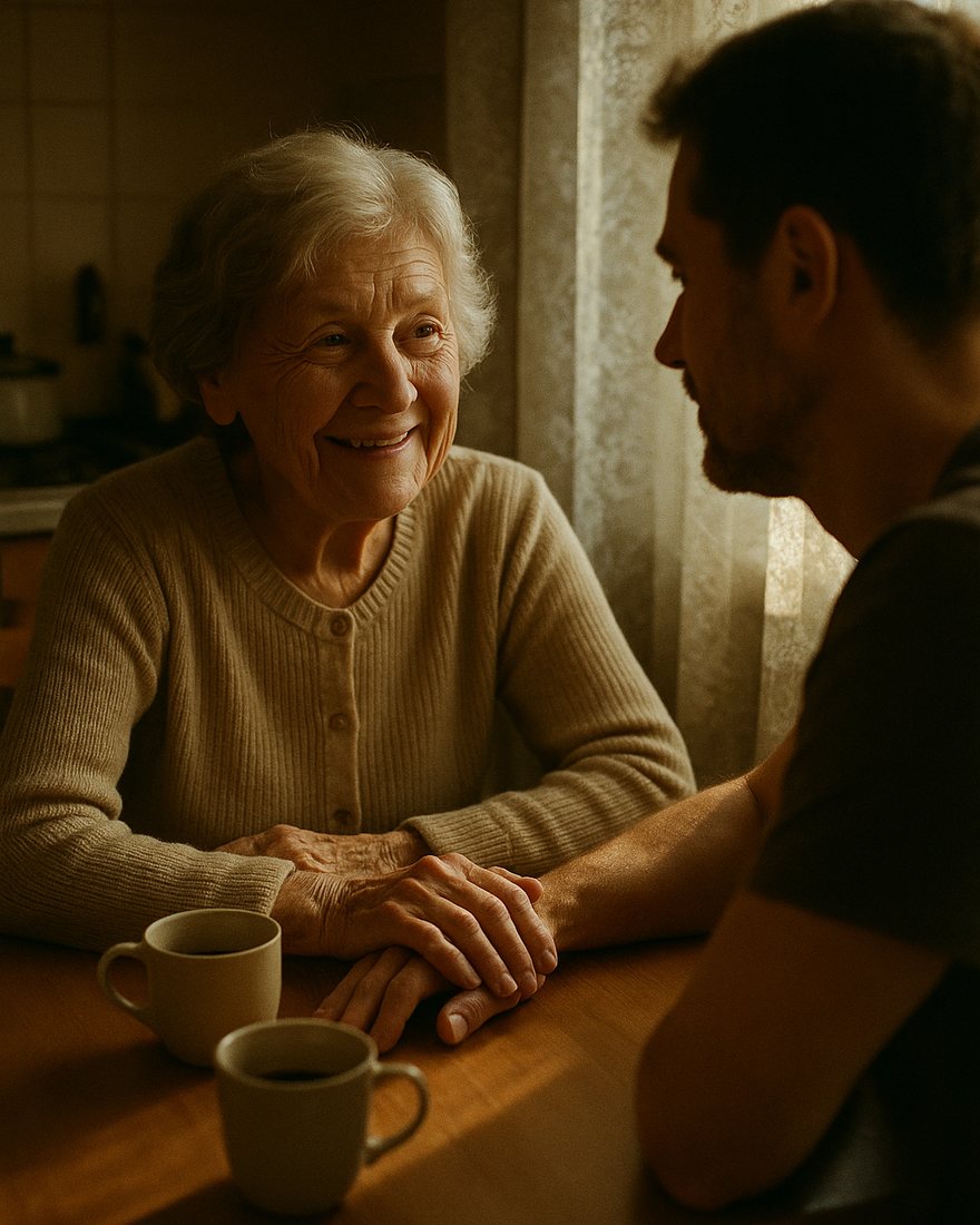 An elderly woman in her seventies smiling at her grown son across a kitchen table, his hand resting on hers, two coffee cups between them, warm afternoon light through lace curtains