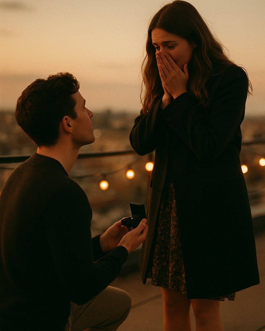 A young man on one knee on a city rooftop at sunset holding an open ring box, the woman with both hands over her mouth, string lights strung behind them