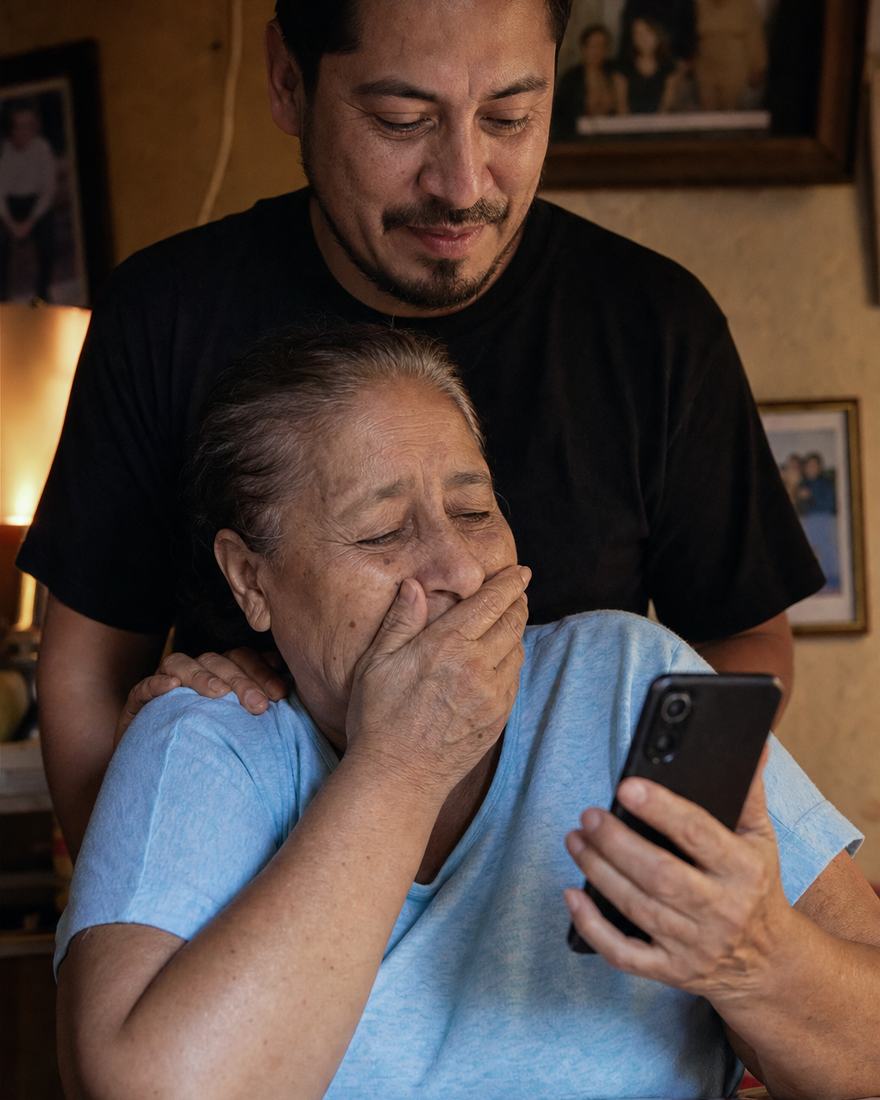 Una señora mayor escucha algo en el celular con la mano en la boca, emocionada, mientras su hijo la abraza por el hombro