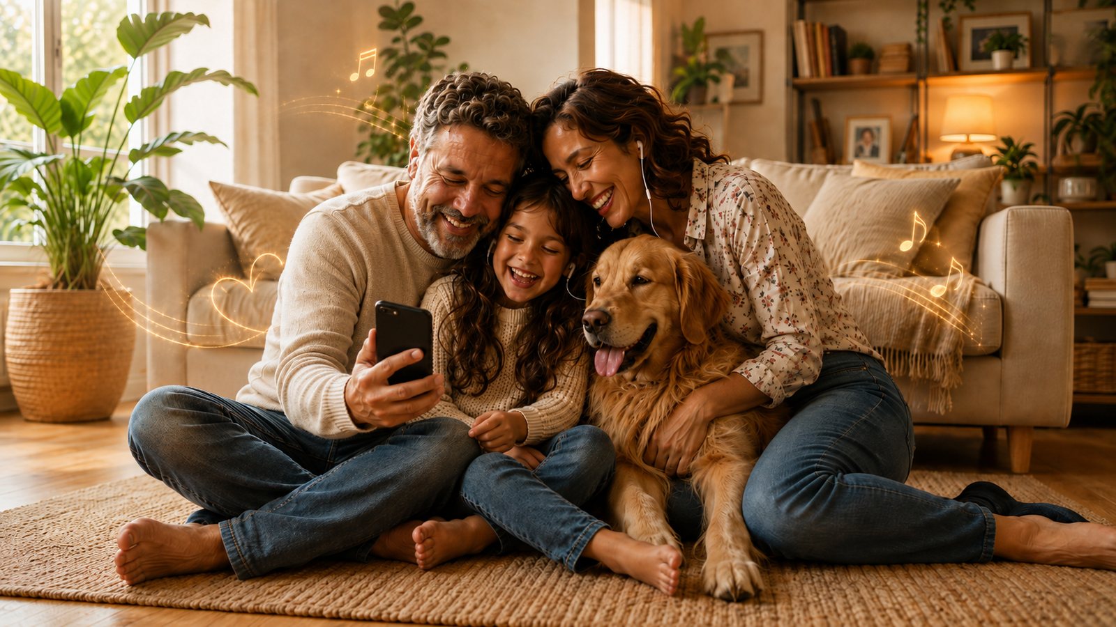 Pai, mãe, filha e o cachorro no tapete da sala, ouvindo juntos uma música no celular