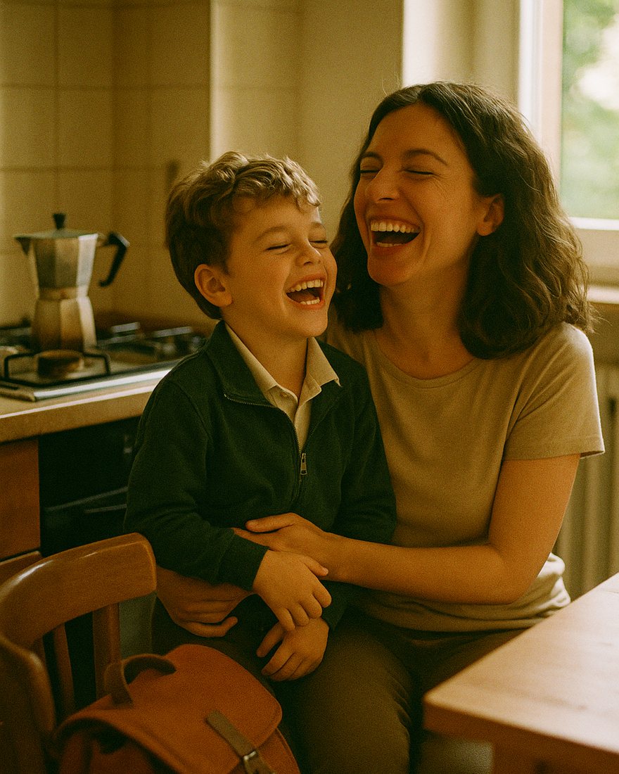 Una madre e il suo bambino ridono insieme in una cucina italiana luminosa, la moka sul fornello, la cartella della scuola appoggiata su una sedia