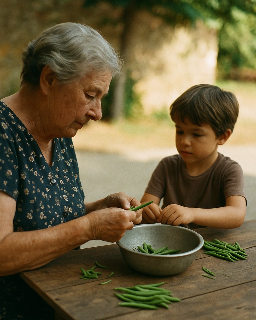 Una nonna di circa settantacinque anni insegna a un bambino a pulire i fagiolini su un tavolo in cortile, una ciotola di metallo tra loro, luce d'estate