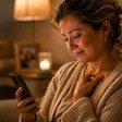 Uma mulher emocionada ouvindo algo no celular, com um porta-retrato ao fundo